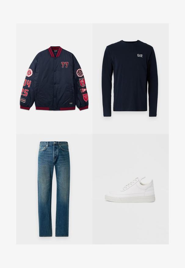 Marine Bomberjacke mit roten Akzenten. Verfügt über gestickte Zahlen und Aufnäher an den Ärmeln. Rippkragen und -bündchen. Glattes, glänzendes Material.; Marineblaues Langarm-T-Shirt aus Baumwolle, mit Rundhalsausschnitt und kleinem weißen EA7-Logo auf der linken Brust. Angenehme, glatte Textur.; Blaue Denim-Jeans im Straight-Leg-Design, ausgestattet mit einem Fünf-Taschen-Stil, dezenten Verwaschungen und kontrastierenden Nähten.; Weißer Ledersneaker mit abgerundetem Zehenbereich, flacher Sohle und Schnürverschluss. Verfügt über Nahtdetails und einen gepolsterten Kragen für zusätzlichen Komfort.