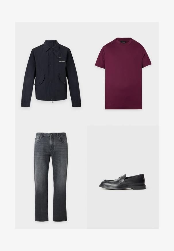 Veste noire légère avec boutons-pression à l'avant, deux poches à rabat, poignets élastiques, et petit logo "Armani Exchange" sur la poitrine.; T-shirt uni violet foncé à manches courtes et col rond, avec un petit logo brodé sur le côté gauche de la poitrine et une étiquette de marque noire à l’intérieur du col.; Jean noir droit avec fermeture avant par bouton et zip, design cinq poches et détails subtils d'usure.; Mocassins en cuir noir avec une finition texturée, dotés d'une bride décorative à l'avant et d'un bout arrondi. Semelle en caoutchouc pour plus de durabilité.