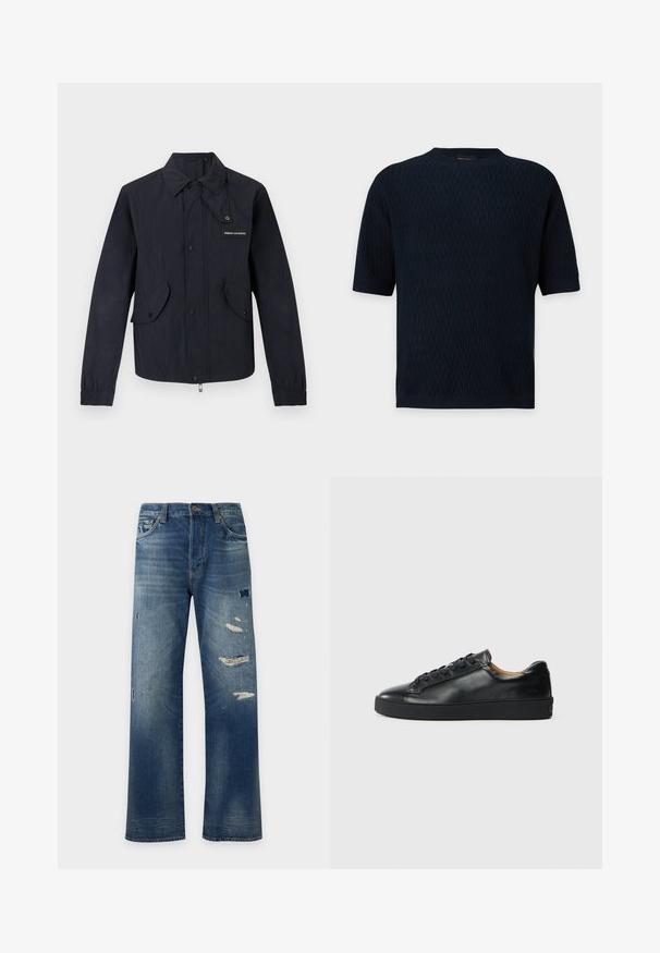 Veste noire légère avec boutons-pression à l'avant, deux poches à rabat, poignets élastiques, et petit logo "Armani Exchange" sur la poitrine.; Haut tricoté bleu marine foncé à manches courtes avec motif zigzag texturé et encolure ronde, poignets et ourlet côtelés.; Jean en denim bleu coupe droite avec des zones délavées et plusieurs patches usés sur l'avant des cuisses et des genoux.; Baskets en cuir noir avec une texture lisse, bout rond et fermeture à lacets. Comprend une semelle en caoutchouc épaisse et un minimum de détails de marque.