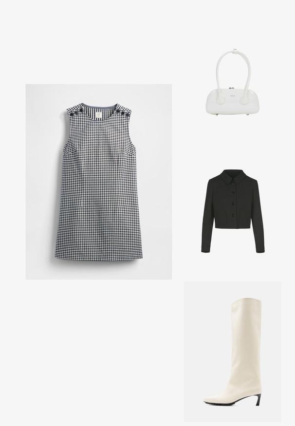 Schwarze verkürzte Jacke mit langen Ärmeln, einem Peter-Pan-Kragen, vorderen Knöpfen und zwei aufgesetzten Taschen vorne.; Ärmelloses navyblaues und weißes Karokleid mit rundem Ausschnitt und Knopfdetails an beiden Schultern, flach auf einem weißen Hintergrund ausgelegt.; Knielanger weißer Stiefel aus glattem Material mit spitzer Spitze und schlankem schwarzem Absatz. Verfügt über ein schlichtes Design und minimale Markenkennzeichnung.; Weiße Handtasche aus Lackleder mit doppelten, abgerundeten Griffen, silberfarbigem Reißverschluss und dezentem "estro"-Logo auf der Vorderseite.
