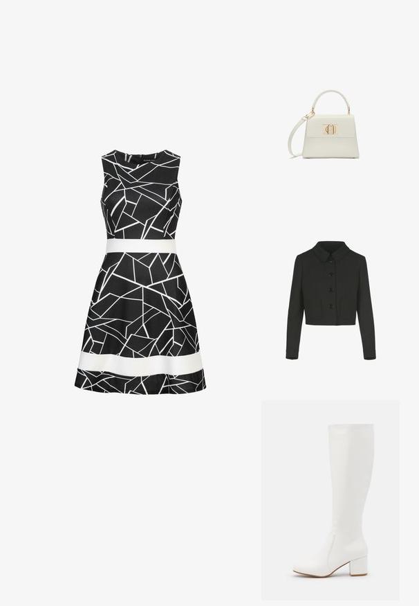 Zwarte cropped jacket met lange mouwen, een Peter Pan-kraag, voorknopjes en twee voorzakken.; Zwarte mouwloze jurk met een geometrisch wit patroon en een contrasterende witte riem op de taille. Glad materiaal en een uitlopende rokdesign.; Witte kniehoge laarzen met een gladde, glanzende afwerking. Vierkante blokhak en subtiele stikseldetails langs de zijkant.; Kleine witte handtas met bovenhandvat, afneembare schouderriem en gouden rechthoekige sluiting op de voorflap.