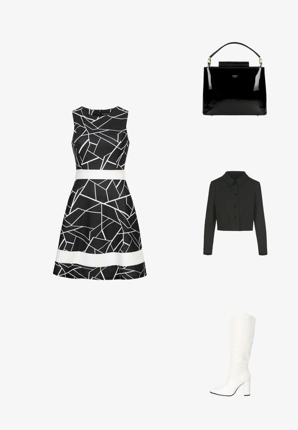 Schwarze verkürzte Jacke mit langen Ärmeln, einem Peter-Pan-Kragen, vorderen Knöpfen und zwei aufgesetzten Taschen vorne.; Schwarzes ärmelloses Kleid mit einem geometrischen weißen Muster und einem kontrastierenden weißen Gürtel in der Taille. Glattes Material und ausgestellter Rock.; Salinyang Stiefel - weiss; Schwarze Handtasche aus Lackleder mit strukturiertem Design, ausgestattet mit einem oberen Griff, goldenen Hardware-Akzenten und einer kleinen Frontklappe.