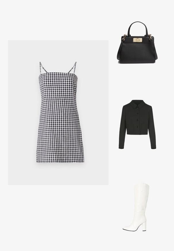 Chaqueta negra recortada con mangas largas, cuello Peter Pan, botones delanteros y dos bolsillos parches delanteros.; Vestido de cuadros en blanco y negro con finas tirantes tipo espagueti, silueta recta y un corsé ajustado. Material de algodón con una textura suave.; Salinyang Botas - weiss; Bolso de mano de cuero negro con asas superiores, una correa de hombro desmontable y un broche rectangular de tono dorado en la parte frontal.