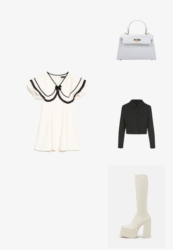 Zwarte cropped jacket met lange mouwen, een Peter Pan-kraag, voorknopjes en twee voorzakken.; Crèmekleurige jurk met een oversized kraag afgezet met zwart, zwarte ruches aan de randen, korte pofmouwen en een kleine zwarte strik bij de halslijn.; Steve Madden CYPRESS - Plateaulaarzen - off white; ESTRO Handtas - white