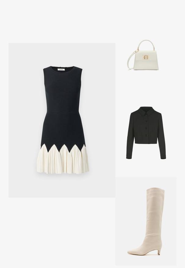 Schwarze verkürzte Jacke mit langen Ärmeln, einem Peter-Pan-Kragen, vorderen Knöpfen und zwei aufgesetzten Taschen vorne.; Ärmelloses Kleid mit einem taillierten schwarzen Oberteil, einem cremefarbenen, rüschierten Saum mit Zickzackmuster. Glatte Textur, runder Ausschnitt, Oberschenkellänge.; RAID LAYLA - Stiefel - off white; Kleine weiße Handtasche mit Tragegriff oben, abnehmbarem Schulterriemen und goldenem rechteckigem Verschluss auf der vorderen Klappe.
