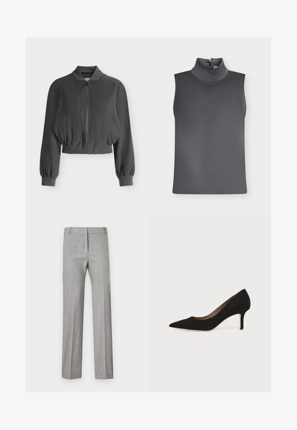 Blouson bomber noir court avec fermeture éclair sur le devant, col, poignets et ourlet côtelés, et deux poches latérales en biais, présenté sur un fond uni.; Haut sans manches gris foncé avec col roulé haut et fermeture à bouton à l'arrière du cou sur fond blanc.; Pantalon droit gris clair à motif à carreaux subtil, avec fermeture éclair avant et passants pour ceinture, posé à plat sur un fond blanc.; Escarpin en daim noir à bout pointu avec un talon stiletto fin de hauteur moyenne et un design à coupe basse sur un fond uni.