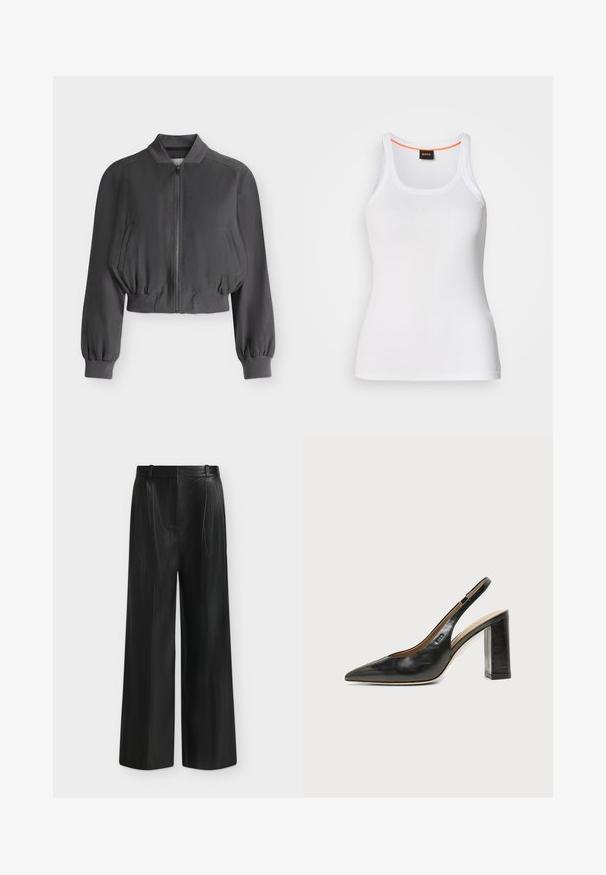 Blouson bomber noir court avec fermeture éclair sur le devant, col, poignets et ourlet côtelés, et deux poches latérales en biais, présenté sur un fond uni.; Débardeur blanc côtelé avec un col rond, présentant un design à bretelles étroites et un accent orange le long de l'intérieur du col. Logo de la marque affiché.; Pantalon noir à jambes larges en simili cuir, taille haute et détail de ceinture sur le côté, sur fond gris clair.; Chaussure slingback en cuir noir à bout pointu avec un talon bloc haut et une doublure intérieure beige sur un fond clair uni.
