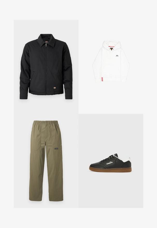 Schwarze Jacke mit Reißverschluss, spitzem Kragen, Seitentaschen und einer aufgesetzten Tasche am linken Ärmel. Hergestellt aus strukturiertem Stoff, mit einem Logo.; Weißes Kapuzenpullover mit einer Fronttasche, Kordelzugverschluss und einem kleinen schwarzen Logo auf der Brust. Mit einem roten Etikett am Saum.; Olivgrüne, gerade geschnittene Hose mit elastischem Bund, vorderen aufgesetzten Taschen, Knopfverschluss und Columbia-Logo auf der rechten Tasche.; Schwarzer Ledersneaker mit weißem Fersenlasche, Gummisohle, schwarzen Schnürsenkeln und silbernem Diadora-Logo an der Seite und Sohle.