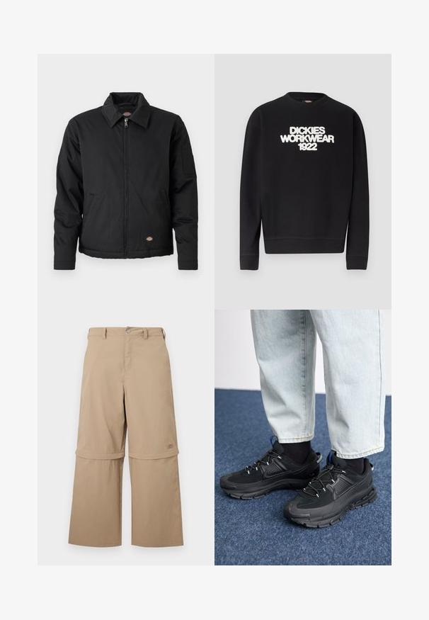 Sort jakke med lynlås foran, spidse krave, sidelommer og en klaplomme på venstre ærme. Lavet af struktureret stof med logo.; Sort crewneck-sweatshirt med hvidt, tekstureret tekst "DICKIES WORKWEAR 1922" på brystet, ribstrikkede manchetter og kant.; Beige cargobukser med aftagelige ben, bæltestropper, sidelommer og knaplukning, vist på hvid baggrund.; Sorte træningssko med tekstureret stof og gummisåler, udstyret med elastiske snørebånd og en blå detalje på hælen. Bæres med lyse denimbukser.