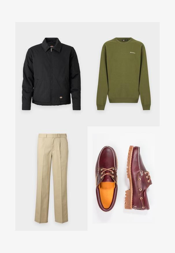 Veste noire avec fermeture éclair sur le devant, col pointu, poches latérales et une poche à patte sur la manche gauche. Fabriquée en tissu texturé, avec un logo.; Sweat-shirt vert olive à col rond avec manches longues, poignets et ourlet côtelés, et petit logo blanc "Dickies" sur la poitrine gauche.; Pantalon droit beige avec passants de ceinture, plis devant et poches latérales sur un fond uni.; Chaussures en cuir bourgogne avec semelles en caoutchouc marron, bout rond, couture blanche et œillets dorés. L'intérieur présente une doublure jaune.