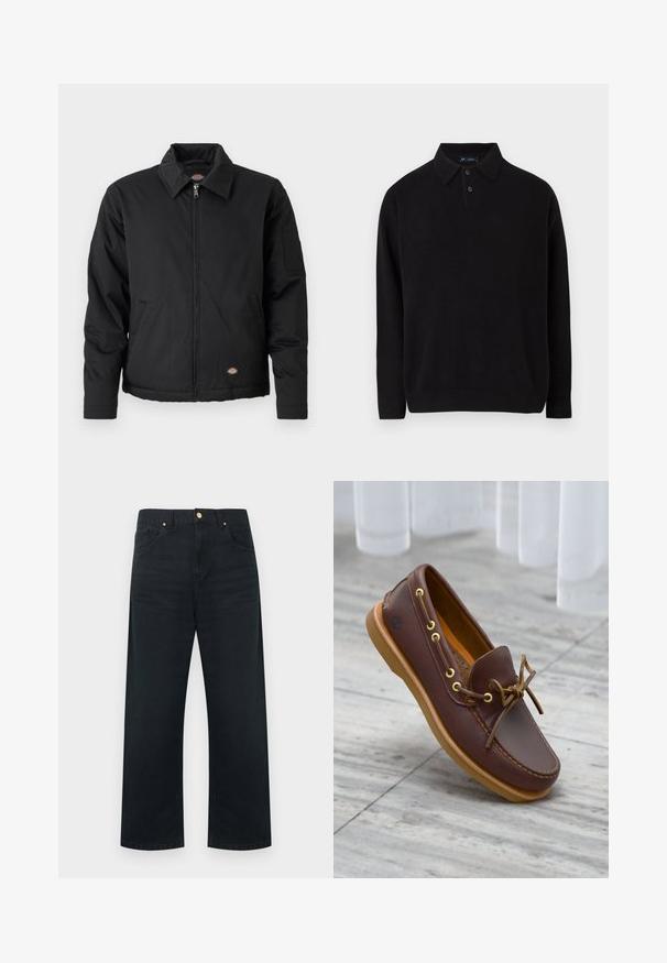 Sort jakke med lynlås foran, spidse krave, sidelommer og en klaplomme på venstre ærme. Lavet af struktureret stof med logo.; Sort pullover sweater med kravehals, tre knapper foran, ribbede manchetter og afslutning, lavet af et blødt strikket materiale.; Sorte vidde bukser i denim med fem-lomme design, guldfarvede detaljer og en ren finish på linningen og kanten.; Brun bådsko i læder med gyldne snørehuller, snørelukning foran og en tanfarvet gummisål. Tekstureret overflade og logo på siden.