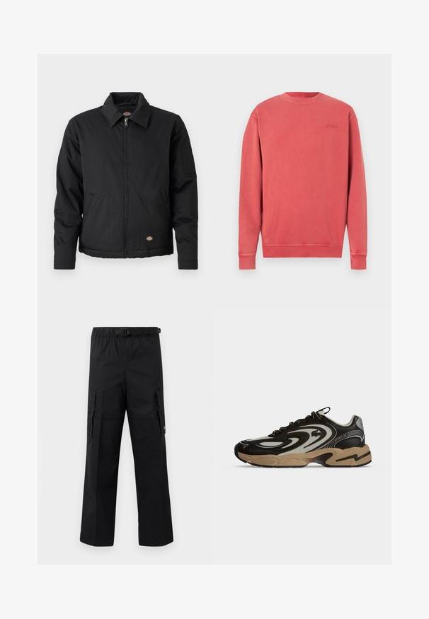 Schwarze Jacke mit Reißverschluss, spitzem Kragen, Seitentaschen und einer aufgesetzten Tasche am linken Ärmel. Hergestellt aus strukturiertem Stoff, mit einem Logo.; Korallenfarbenes Sweatshirt mit meliertem Muster, Rundhalsausschnitt, langen Ärmeln, gerippten Bündchen und Saum. Verfügt über ein dezentes, eingeprägtes Logo auf der Brust. Weiches Baumwollmischgewebe.; Schwarze Cargo-Hosen mit weitem Schnitt, verstellbarem Bund mit Schnalle und zwei Seitentaschen zur Aufbewahrung. Leichtes Material.; Schwarzer und beiger Sneaker mit wellenförmigen Mustern, Schnürdesign und dicker Sohle auf hellem einfarbigem Hintergrund.