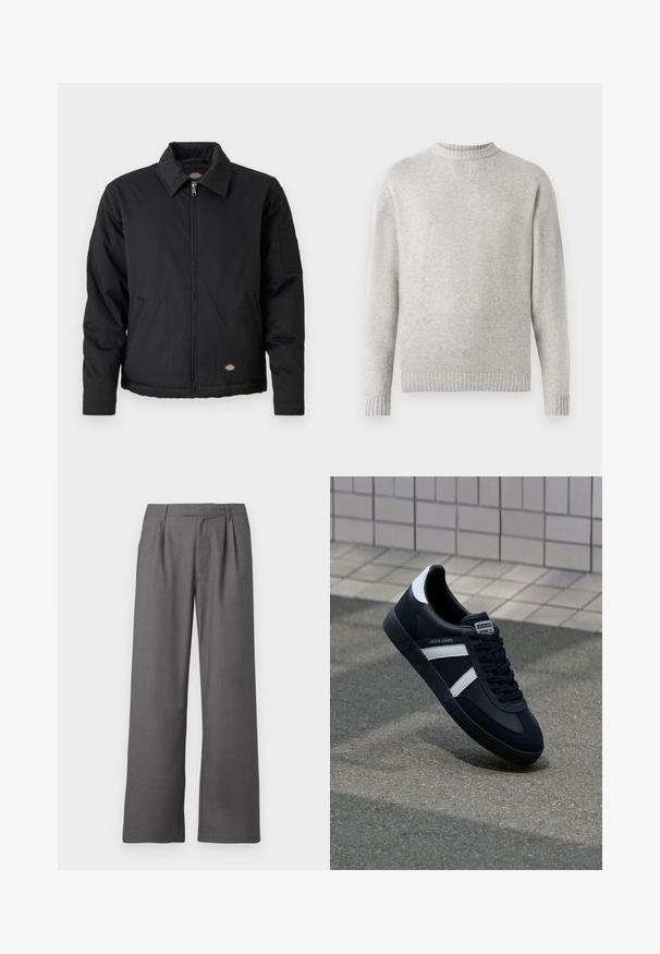 Sort jakke med lynlås foran, spidse krave, sidelommer og en klaplomme på venstre ærme. Lavet af struktureret stof med logo.; Lysegrå sweater lavet af blødt stof, med ribbet rund halsudskæring og ribbede manchetter og kant. Minimalistisk design, lange ærmer.; Grå vide benbukser lavet af glat stof, med en plisseret front, sidelommer og en skrædderlavet talje med bæltestropper.; Sort lædersneaker med hvide striber, tekstureret gummisål og snørrebånd foran. Har et brandet mærke på tungen.