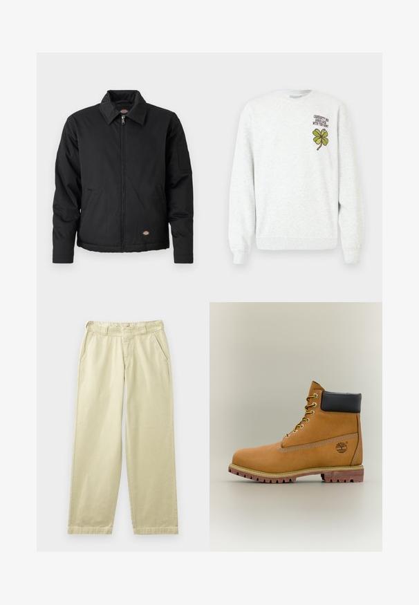 Veste noire avec fermeture éclair sur le devant, col pointu, poches latérales et une poche à patte sur la manche gauche. Fabriquée en tissu texturé, avec un logo.; Sweat-shirt gris en tissu texturé, doté d'un col rond, de manches longues, avec un motif graphique de trèfle à quatre feuilles vert et un texte sur la poitrine.; Pantalon en coton beige à coupe décontractée, avec poches latérales, passants pour ceinture et jambes droites. Texture lisse avec des détails de couture minimaux.; Bottine en cuir marron avec col noir, lacets jaunes et semelle beige. Présente un logo et des détails de couture blanche. Semelle extérieure à traction robuste.