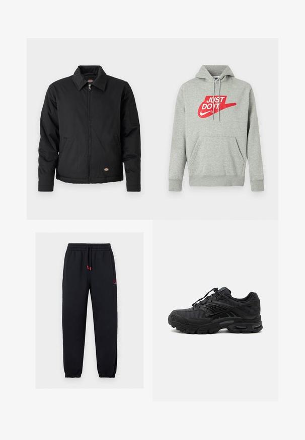 Schwarze Jacke mit Reißverschluss, spitzem Kragen, Seitentaschen und einer aufgesetzten Tasche am linken Ärmel. Hergestellt aus strukturiertem Stoff, mit einem Logo.; Hellgrauer Baumwoll-Hoodie mit einer Fronttasche, versehen mit einem großen roten "JUST DO IT"-Logo und dem Nike Swoosh-Grafik auf der Brust.; Schwarze Jogginghose mit elastischem Bund und Bündchen, roten Kordelenden und kleinem rotem Jumpman-Logo am oberen linken Oberschenkel.; Schwarzer athletischer Sneaker mit strukturiertem Stoff, dicker gepolsterter Sohle, Luftauslässen und Schnürverschluss, von der Seite auf hellem Hintergrund gezeigt.