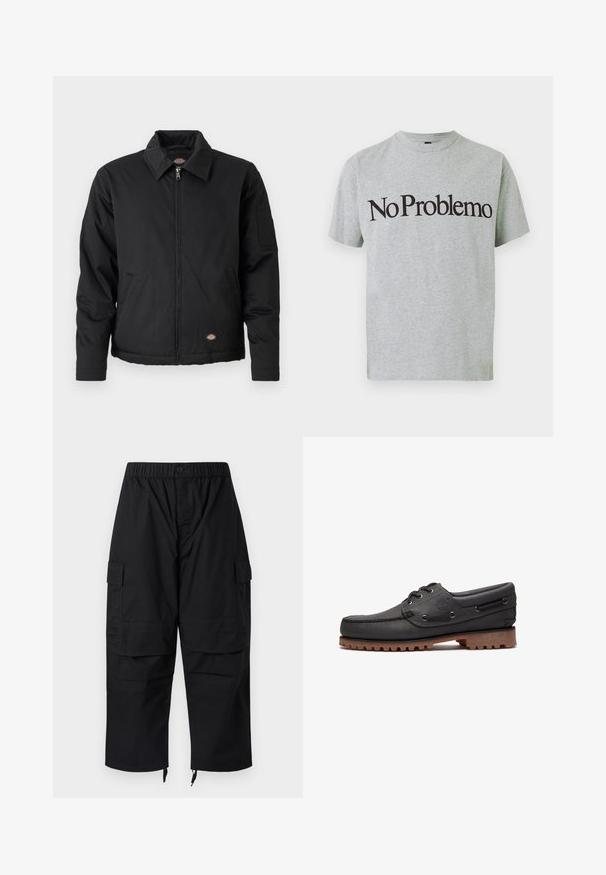 Schwarze Jacke mit Reißverschluss, spitzem Kragen, Seitentaschen und einer aufgesetzten Tasche am linken Ärmel. Hergestellt aus strukturiertem Stoff, mit einem Logo.; Graues Baumwoll-T-Shirt mit kurzen Ärmeln und Rundhalsausschnitt, auf dem die schwarze Schrift "No Problemo" auffällig auf der Vorderseite platziert ist.; Schwarze Cargo-Hose mit elastischem Bund, mehreren Taschen und Reißverschlüssen an den Knöcheln, mit einem lockeren, entspannten Schnitt.; Schwarzes Bootsschuh aus Leder mit Schnürdetails, rundem Zehenbereich, strukturierter brauner Gummisohle und genähten Lederseiten.