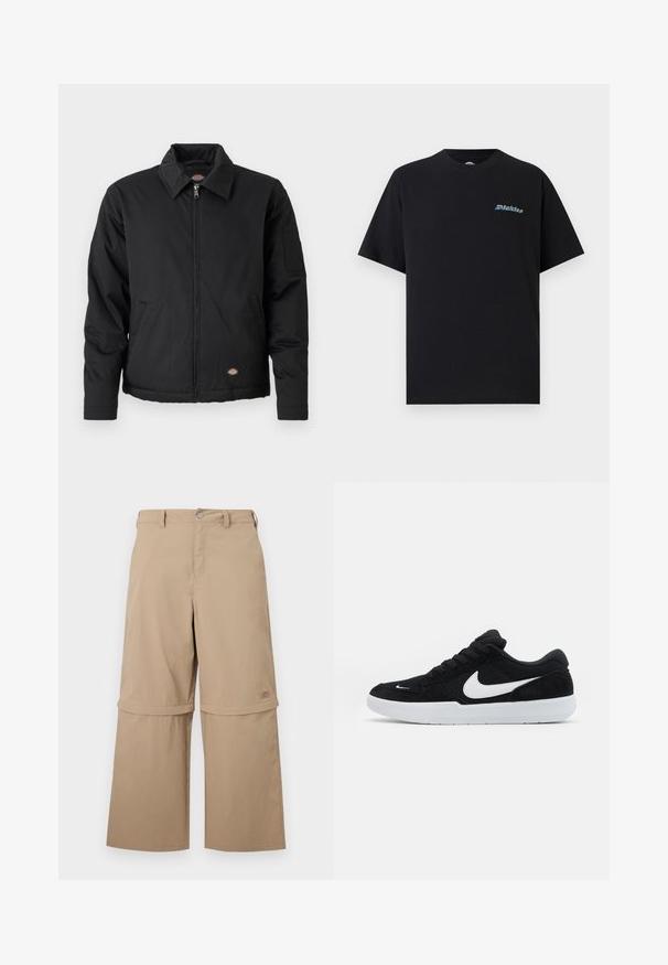 Veste noire avec fermeture éclair sur le devant, col pointu, poches latérales et une poche à patte sur la manche gauche. Fabriquée en tissu texturé, avec un logo.; T-shirt noir à manches courtes et col rond avec un petit logo "Dickies" multicolore sur la poitrine gauche, sur un fond uni.; Pantalon cargo beige convertible avec jambes inférieures amovibles zippées, passants de ceinture, poches latérales et fermeture à boutons, présenté sur fond blanc.; Baskets en suède noires avec accents blancs, dotées d'une pointe arrondie, d'une semelle blanche épaisse et de lacets noirs. Logo Nike blanc bien visible sur le côté.