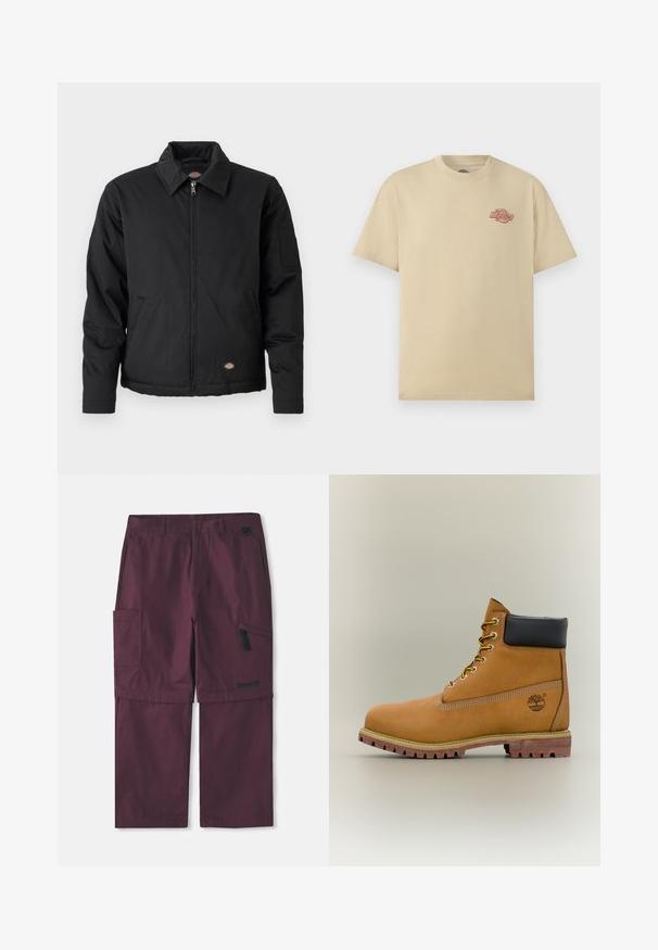 Schwarze Jacke mit Reißverschluss, spitzem Kragen, Seitentaschen und einer aufgesetzten Tasche am linken Ärmel. Hergestellt aus strukturiertem Stoff, mit einem Logo.; Beiges T-Shirt mit kurzen Ärmeln und Rundhalsausschnitt, mit kleinem rotem "Dickies"-Logo auf der linken Brust.; Burgunderfarbene Cargo-Hose, wandelbar, mit seitlichem Reißverschlussfach und Timberland-Logo am rechten Bein, mit verlängertem Innenbein.; Brauner Leder-Stiefelette mit schwarzem Kragen, gelben Schnürsenkeln und hellbrauner Sohle. Verfügt über ein Logo und weiße Ziernähe. Robuste Profilsohle.