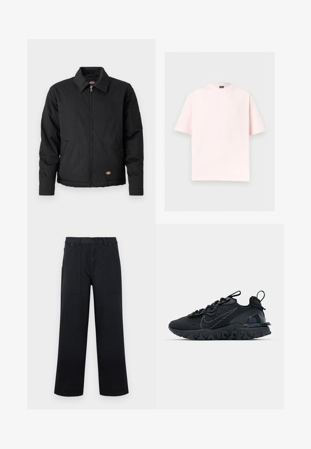 Veste noire avec fermeture éclair sur le devant, col pointu, poches latérales et une poche à patte sur la manche gauche. Fabriquée en tissu texturé, avec un logo.; T-shirt rose clair à manches courtes avec col rond et ourlet droit, présenté sur un fond gris clair uni.; Pantalon noir à jambes larges avec poches plaquées à l'avant, passants pour ceinture et fermeture par bouton, présenté sur un fond uni.; Chaussure de sport noire avec une tige en mesh respirant, des accents texturés et une semelle en caoutchouc ondulée. Comprend un logo réfléchissant et un système de laçage.