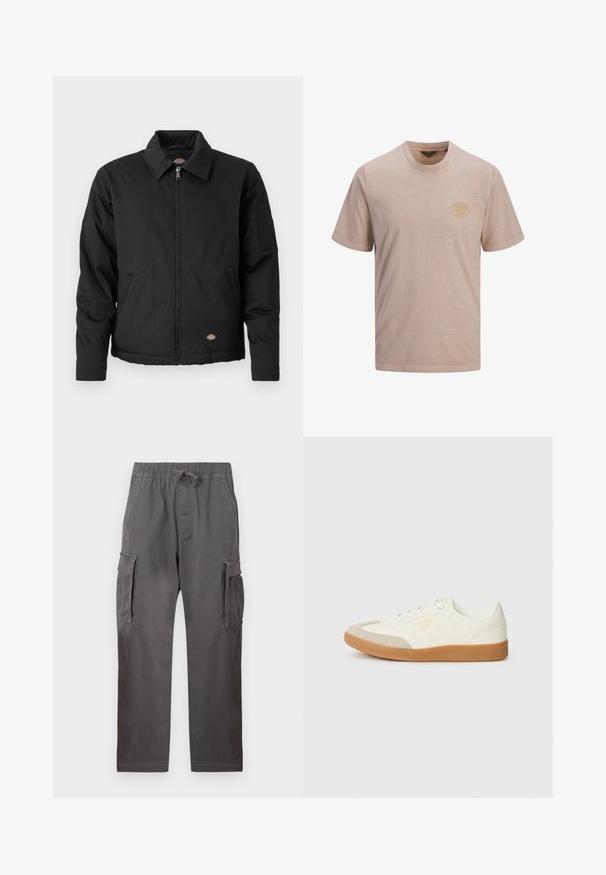 Schwarze Jacke mit Reißverschluss, spitzem Kragen, Seitentaschen und einer aufgesetzten Tasche am linken Ärmel. Hergestellt aus strukturiertem Stoff, mit einem Logo.; Beiges T-Shirt mit kurzen Ärmeln und Rundhalsausschnitt mit einem kleinen runden gelben Logo auf der linken Brust, vor weißem Hintergrund dargestellt.; Graue Cargo-Hose aus Baumwolle mit elastischem Bund und Kordelzug, zwei Seitentaschen und zwei aufgesetzten Taschen an den Oberschenkeln.; Sneaker aus weißem Leder mit einer beigen Zehenkappe und leichter brauner Gummisohle. Verfügt über flache weiße Schnürsenkel und geprägtes Branding an der Seite.