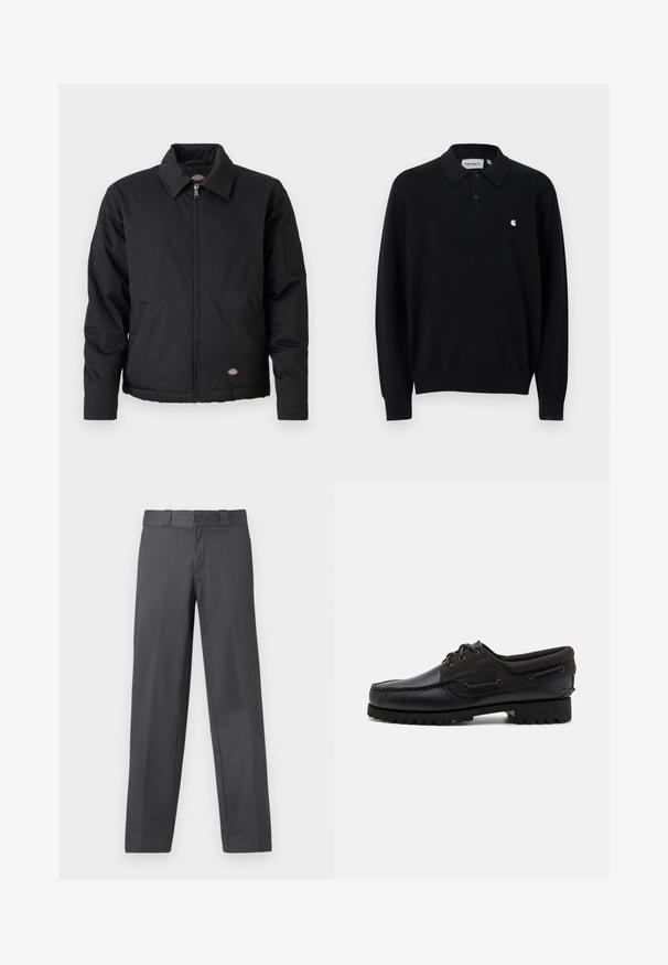 Schwarze Jacke mit Reißverschluss, spitzem Kragen, Seitentaschen und einer aufgesetzten Tasche am linken Ärmel. Hergestellt aus strukturiertem Stoff, mit einem Logo.; Schwarzes langärmeliges Poloshirt mit zwei Knöpfen, gerippten Bündchen und Saum sowie einem kleinen weißen Carhartt-Logo auf der linken Brust.; Grau farbene Hosen aus glattem Stoff, mit geradem Bein, Knopfverschluss und Gürtelschlaufen; minimale Nähte und ohne Muster.; Schwarzer Schuh mit einem Obermaterial aus Leder, textilen Akzenten, runden Schnürsenkeln und einer strukturierten Gummisohle. Verfügt über Mokassin-Nähte und eine Markeninschrift.