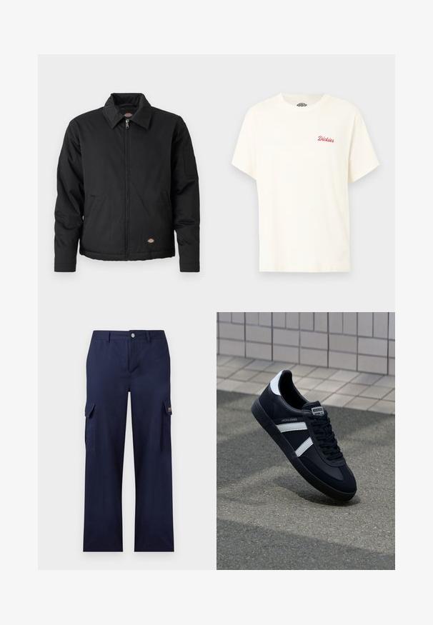 Zwarte jas met een rits aan de voorkant, puntige kraag, zijzakken en een patchzak op de linker mouw. Gemaakt van een gestructureerde stof en met een logo.; Effen gebroken wit t-shirt met korte mouwen, met een rood "Dickies"-logo op de linkerborst en een ronde hals.; Marineblauwe cargo broek met rechte pijpen, zijflapzakken, riemlussen en een sluiting met knoop en ritssluiting aan de voorkant.; Zwarte leren sneaker met witte strepen, een gestructureerde rubberen zool en vetersluiting aan de voorkant. Voorzien van een merklabel op de tong.