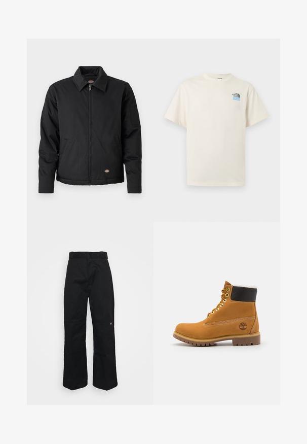 Sort jakke med lynlås foran, spidse krave, sidelommer og en klaplomme på venstre ærme. Lavet af struktureret stof med logo.; Off-white T-shirt med korte ærmer, rund hals og lille sort og blå The North Face-logo på venstre bryst.; Sorte bukser lavet af robust stof, med lige ben, bæltestropper og en lille logo på den nederste side.; Brune læder ankelstøvle med metaløjer, hvid pelsforing, sort polstret krave, robust sål og præget logo på siden.