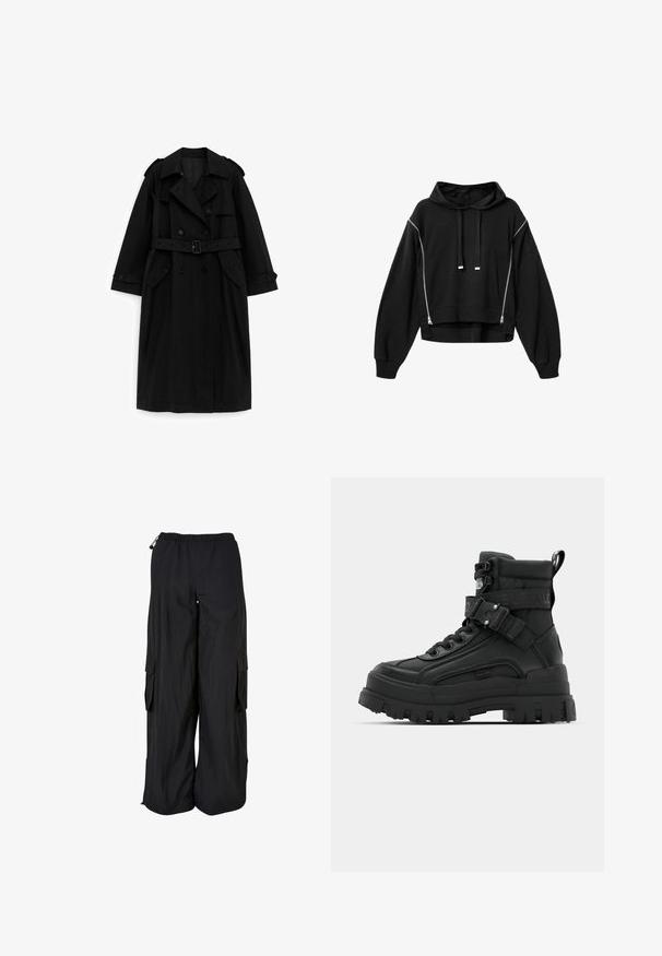 Trench-coat long noir avec boutons croisés, taille ceinturée, col large et poches à rabat, présenté sur un fond blanc.; Sweat à capuche court noir avec manches longues, cordons à l'avant et deux fermetures éclair argentées verticales de chaque côté.; Pantalon cargo noir à jambes larges avec ceinture élastique, poches latérales à rabat et cordons réglables à la taille et à l'ourlet.; Bottes noires de cheville avec une tige texturée, semelle épaisse, lacets à l'avant et sangle ajustable avec détail de logo. Semelle extérieure en caoutchouc avec un profil prononcé.