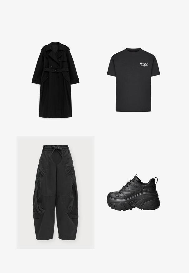Trench-coat long noir avec boutons croisés, taille ceinturée, col large et poches à rabat, présenté sur un fond blanc.; T-shirt noir en coton avec un col rond. Présente du texte blanc, y compris des caractères japonais et les mots "Slurp Away" sur la zone gauche de la poitrine.; Pantalon noir à jambes larges avec taille élastique et cordon, avec de grandes poches incurvées et des détails de panneaux cousus.; Baskets à plateforme noires avec une forme incurvée, en cuir texturé, semelle en caoutchouc épaisse et éléments décoratifs sur les lacets.