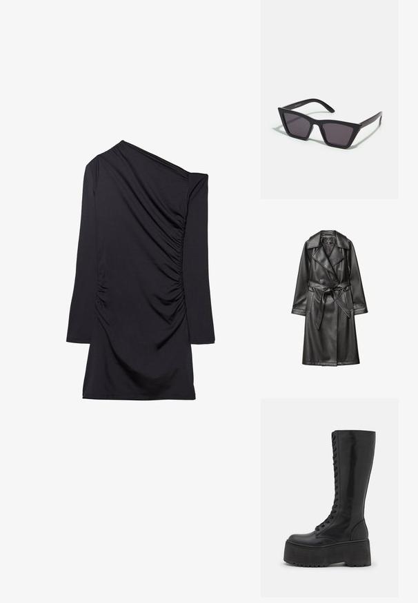 Schwarzer Leder-Trenchcoat mit doppelter Knopfleiste, breitem Kragen, tailliertem Gürtel und langen Ärmeln mit geknöpften Manschetten.; Schwarzes Kleid mit einem einseitigen Design, langem Ärmel und gerafftem Stoff an der Seite. Hergestellt aus weichem, dehnbarem Material.; Zign by Zalando LEATHER - Schnürstiefel - black; Schwarze, eckige Sonnenbrille mit grauen Gläsern; aus Kunststoff gefertigt, mit dicken Bügeln, die eine glatte Oberfläche und keine sichtbaren Beschläge haben.