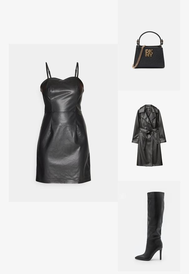 Schwarzer Leder-Trenchcoat mit doppelter Knopfleiste, breitem Kragen, tailliertem Gürtel und langen Ärmeln mit geknöpften Manschetten.; ONLY ONLDINA FAUX LEATHER DRESS - Cocktailkleid/festliches Kleid - black; RAID TALISHA - Stiefel - black; Schwarze Handtasche mit strukturiertem Design, strukturiertem Äußeren, goldenen Beschlägen und einer Kettenriemen. Mit DKNY-Logo auf der Vorderseite.