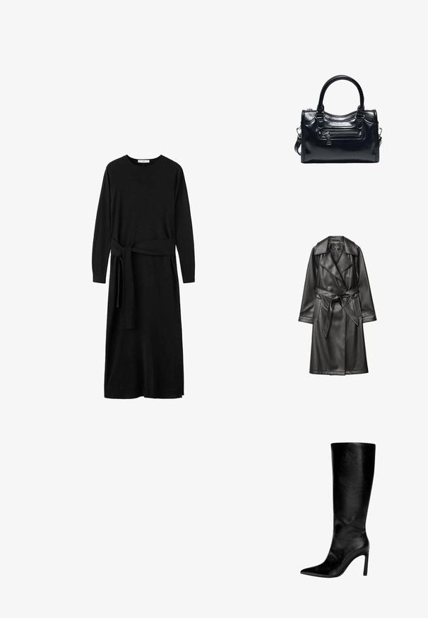 Schwarzer Leder-Trenchcoat mit doppelter Knopfleiste, breitem Kragen, tailliertem Gürtel und langen Ärmeln mit geknöpften Manschetten.; Schwarzes Kleid mit langen Ärmeln aus weichem Stoff, mit rundem Ausschnitt und einem gebundenen Gürtel in der Taille, mit lockerem Schnitt und geradem Saum.; Knöchelhoher schwarzer Lederstiefel mit spitzem Zeh, hohem Stöckelabsatz, glatter Oberfläche und einem einfachen, eleganten Design ohne Verzierungen.; Schwarze glänzende Lederhandtasche mit zwei Griffen, vorderer Reißverschlusstasche und abnehmbarem Schulterriemen auf weißem Hintergrund.