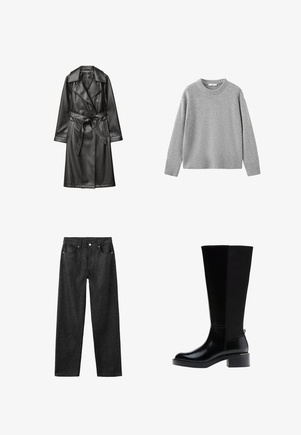 Schwarzer Leder-Trenchcoat mit doppelter Knopfleiste, breitem Kragen, tailliertem Gürtel und langen Ärmeln mit geknöpften Manschetten.; Grauer Pullover aus weichem Strickmaterial, mit rundem Ausschnitt, überschnittenen Schultern und geripptem Saum sowie Bündchen für Struktur.; Schwarze Jeans mit geradem Bein, fünf Taschen, silberner Hardware und glatter Textur.; Schwarze kniehohe Stiefel mit glänzendem Lederfinish, quadratischer Zehenform und breitem Absatz. Verfügt über ein kontrastierendes mattes Panel und eine Schlaufe an der Rückseite.