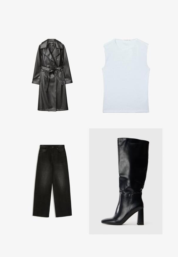 Manteau trench en cuir noir avec un devant à double boutonnage, un large col, une taille ceinturée, et des manches longues avec des poignets boutonnés.; Débardeur sans manches en coton blanc avec encolure ronde et un design simple et uni.; Jean en denim noir à jambes larges, fermeture devant par bouton et zip, passants de ceinture et deux poches avant sur fond blanc.; Botte en cuir noire montée jusqu'au genou, avec un bout pointu et un talon bloc haut, présentée en profil sur fond blanc.