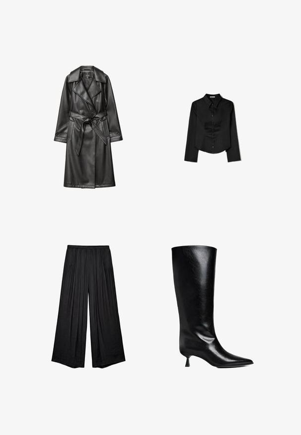 Sort læder trench coat med dobbeltknap foran, bred krave, bæltestrop i taljen og lange ærmer med knapmanchetter.; Sort langærmet skjorte lavet af glat stof, med en spidse krave, frontlukning med knapper og en cropped kant med sidelæg.; Sorte vidde bukser med høj talje og bløde folder, lavet af let vævet stof.; Sort læderknæhøje støvler med spidse tæer, slank silhuet og en lav blokhæl med en blank finish.