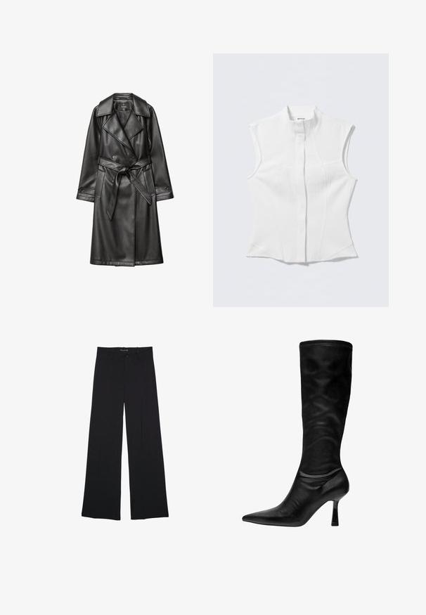 Manteau trench en cuir noir avec un devant à double boutonnage, un large col, une taille ceinturée, et des manches longues avec des poignets boutonnés.; Chemisier blanc sans manches avec col montant, coupe ajustée, tissu subtilement texturé et patte de boutonnage centrale. Aucune quincaillerie visible ni motifs.; Pantalon noir à jambes larges avec passants de ceinture, bouton frontal et fermeture éclair, étalé à plat sur un fond blanc.; Botte en cuir noir montant jusqu'au genou, avec un bout pointu, un talon mince et une texture douce et lisse. Elle présente un design ajusté et une couture minimaliste.