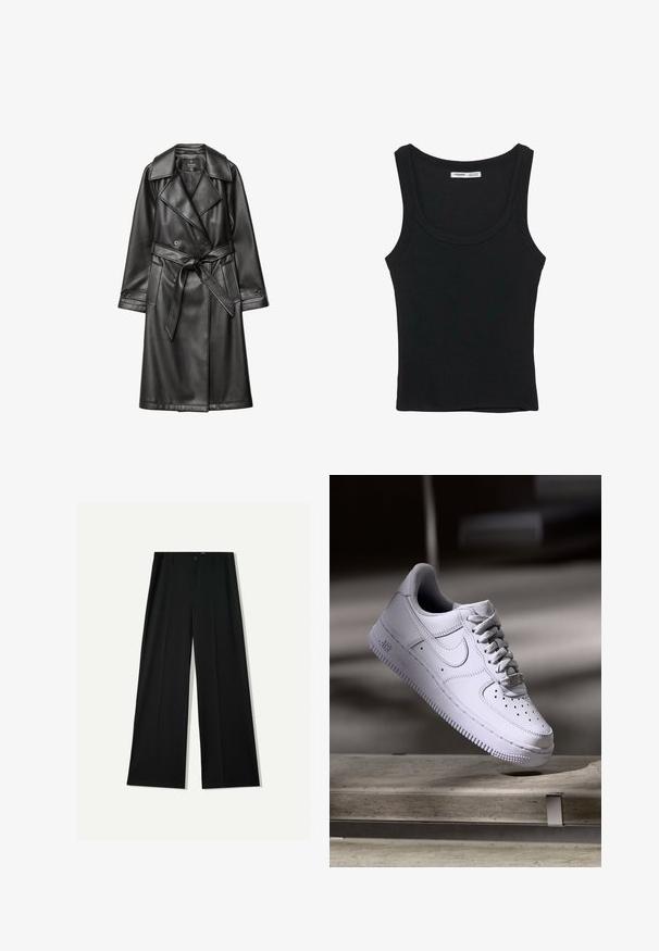 Sort læder trench coat med dobbeltknap foran, bred krave, bæltestrop i taljen og lange ærmer med knapmanchetter.; Sort ribbet ærmeløs tanktop med rund halsudskæring og lige kant, etiket på indersiden bag på nakken.; Bershka WIDE - Bukser - black; Hvid Nike Air Force 1 sneaker svævende over en betonoverflade med skygger i et minimalistisk miljø.