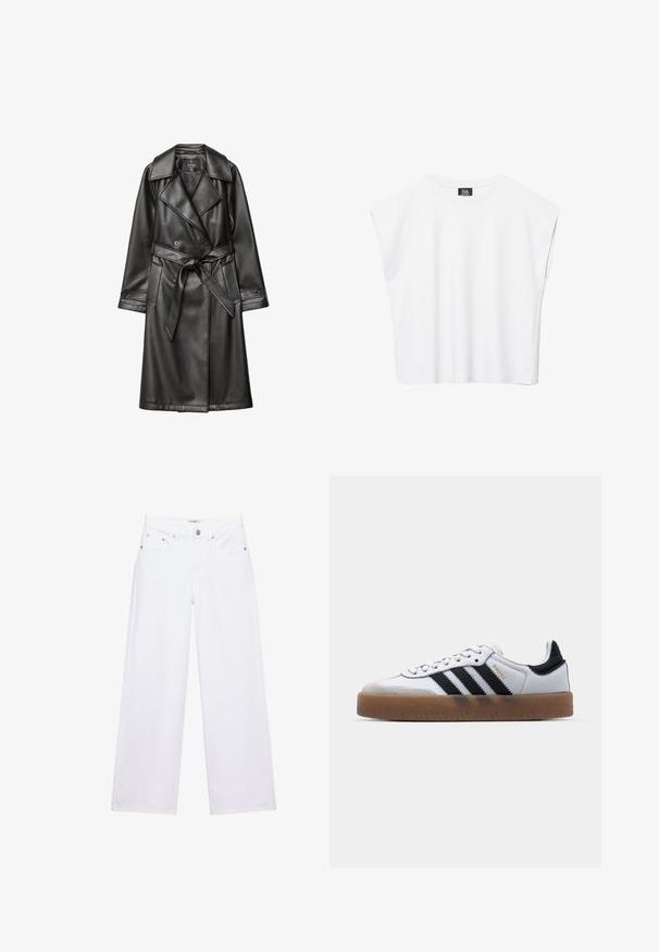 Zwarte leren trenchcoat met een dubbelgevoerde voorkant, brede kraag, ceintuur in de taille en lange mouwen met knoopmanchetten.; Witte mouwloze crop top met ronde hals en brede schouders, met een zwart "B6" label aan de binnenkant van de kraag.; Witte jeans met hoge taille en wijde pijpen, voorzien van knoop- en ritssluiting, voor- en achterzakken, en zilverkleurige klinknageldetails.; Witte leren sneakers met zwarte strepen, gumrubberen buitenzool, ronde neus, vetersluiting en een zachte grijze suède neuskap.