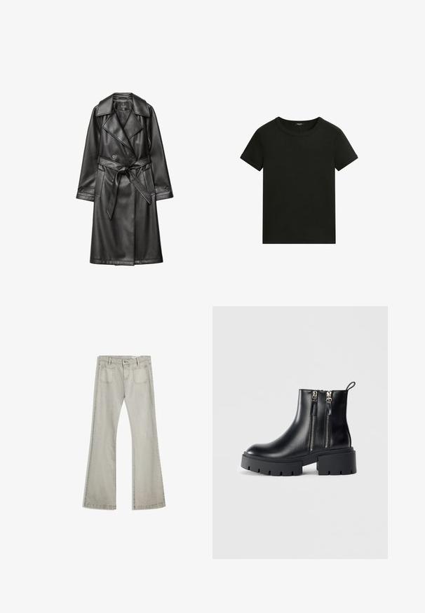Sort læder trench coat med dobbeltknap foran, bred krave, bæltestrop i taljen og lange ærmer med knapmanchetter.; Enkel sort kortærmet t-shirt med rund hals og simpel, tætsiddende pasform mod en hvid baggrund.; Udvidede jeans i lys grå denim, med knaplukning, fem lommer og subtile stikninger langs sømmene.; Sorte læder ankelstøver med kraftige såler, sidelukninger og hæl. Glat tekstur med en strop bagpå for nem påtagning.