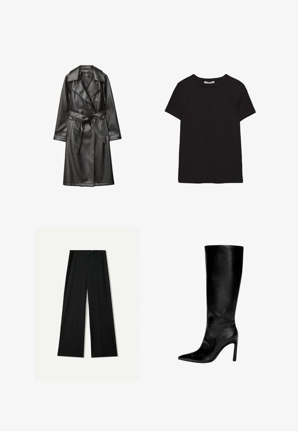 Schwarzer Leder-Trenchcoat mit doppelter Knopfleiste, breitem Kragen, tailliertem Gürtel und langen Ärmeln mit geknöpften Manschetten.; Schwarzes, kurzärmliges Baumwoll-T-Shirt mit rundem Halsausschnitt, Standardpassform und sichtbarem innerem Nackenetikett.; Bershka WIDE - Stoffhose - black; Knöchelhoher schwarzer Lederstiefel mit spitzem Zeh, hohem Stöckelabsatz, glatter Oberfläche und einem einfachen, eleganten Design ohne Verzierungen.