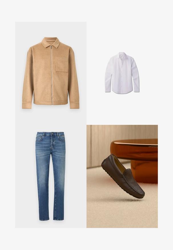 Veste en polaire beige avec une fermeture éclair à l'avant, un col pointu et une poche poitrine unique. Elle présente une coupe décontractée et des coutures plates.; Chemise blanche à manches longues avec boutons, en tissu lisse, dotée d'un col classique, d'une patte de boutonnage avant et d'un ourlet arrondi.; Jean en denim bleu coupe droite, avec design à cinq poches, motif délavé et fermeture par bouton métallique à la taille.; Mocassin en cuir marron avec un détail tissé sur le dessus, placé debout sur un tapis beige près d'une base de table arrondie de couleur ambre.