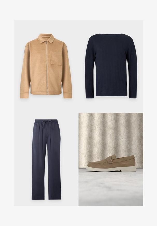 Veste en polaire beige avec une fermeture éclair à l'avant, un col pointu et une poche poitrine unique. Elle présente une coupe décontractée et des coutures plates.; Pull côtelé bleu marine à manches longues avec col rond, présenté à plat sur un fond clair.; Pantalons bleu marine, amples, en tissu doux avec une taille élastique et un cordon de serrage ajustable. Jambes droites, sans poches.; Mocassin beige en daim avec semelle blanche, détail de bande de marque, flottant au-dessus d'un tapis beige texturé, avec un meuble arrondi marron en arrière-plan.