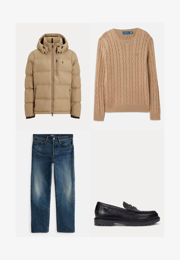 Beige polstret vinterjakke med hætte, fuld lynlås foran, to sidelommer med lynlås og logo på venstre bryst.; Beige strikket sweater med kabelmønster, rund halsudskæring, ribbede manchetter og kant. Har mærkets label på indersiden af halsen.; Indigo blå denimjeans med straight-leg design, fem-lomme stil og subtil falmning på lårene. Metallknap og lynlås lukning.; Sort læderloafer med tyk, mønstret sål og lille grøn "Polo"-mærke på ydersiden nær hælen.