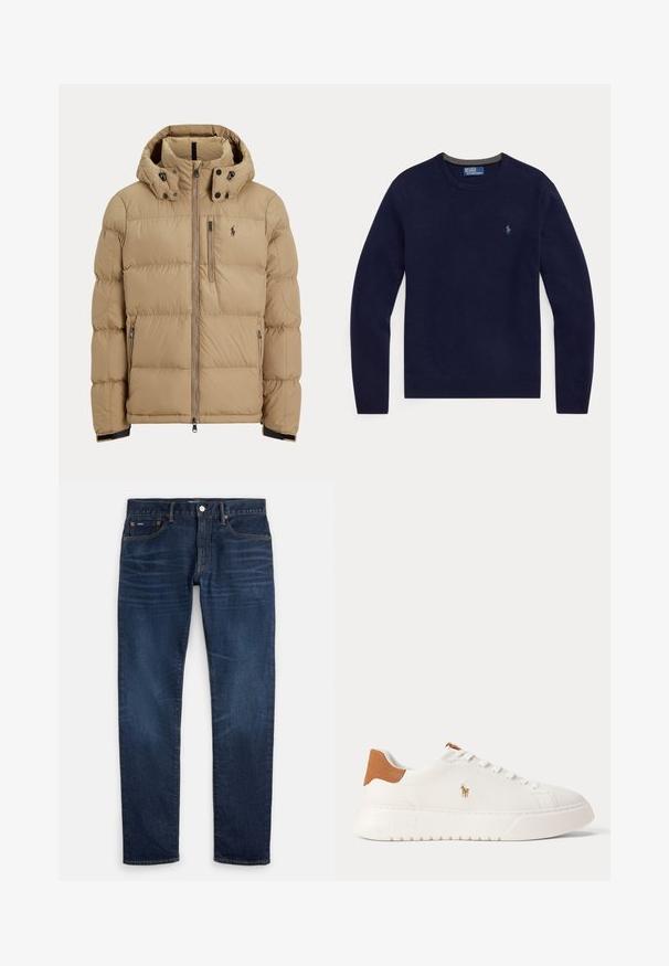 Beige gewatteerde winterjas met capuchon, volledige voorrits, twee zijzakken met rits en logo op de linkerborst.; Marineblauwe trui met lange mouwen en ronde hals, met klein geborduurd logo op de linkerborst.; Donkerblauwe slim-fit jeans met subtiele vervaging op de dijen, ontwerp met vijf zakken en een knoopsluiting in de tailleband.; Witte lage sneaker met beige hieltab, witte veters en klein geborduurd polo spelerlogo aan de zijkant boven een dikke zool.