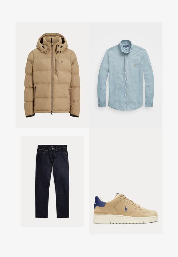 Beige polstret vinterjakke med hætte, fuld lynlås foran, to sidelommer med lynlås og logo på venstre bryst.; Lyseblå denimskjorte med knapkrave, lange ærmer og klassisk pasform. Fås med lille broderet emblem på venstre bryst.; Mørk indigoblå jeans med lige ben, fem lommer, knap- og lynlås lukning samt kontrastfulde orange syninger på en ensfarvet baggrund.; Beige ruskind sneaker med navy blå hælflap og logo, hvid sål, snørelukning og broderi af en polo-spiller på siden.