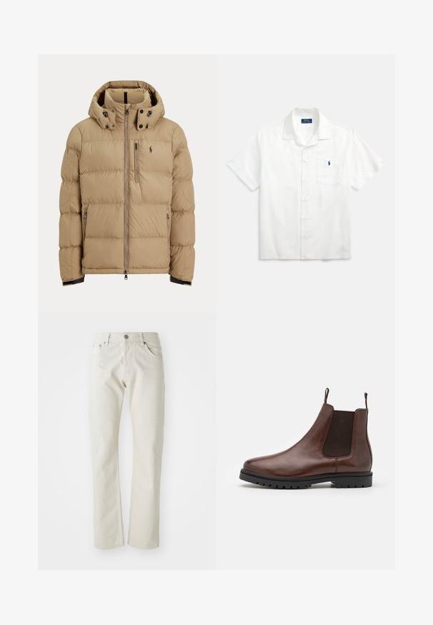 Beige gesteppte Winterjacke mit Kapuze, durchgehendem Frontreißverschluss, zwei seitlichen Reißverschlusstaschen und Logo auf der linken Brust.; Weißes kurzärmeliges Hemd aus Baumwolle mit einem Reverskragen, vorderen Knöpfen und einem kleinen blauen Logo auf der Brusttasche.; Helle beige Jeans aus Baumwolle mit geradem Bein, fünf Taschen und silbernem Metallknopfverschluss.; Braune Leder-Chelsea-Boots mit elastischen Seitenpaneelen, abgerundeter Spitze und strukturiertem Gummisohlen, ausgestattet mit Zuglaschen für ein einfaches An- und Ausziehen.
