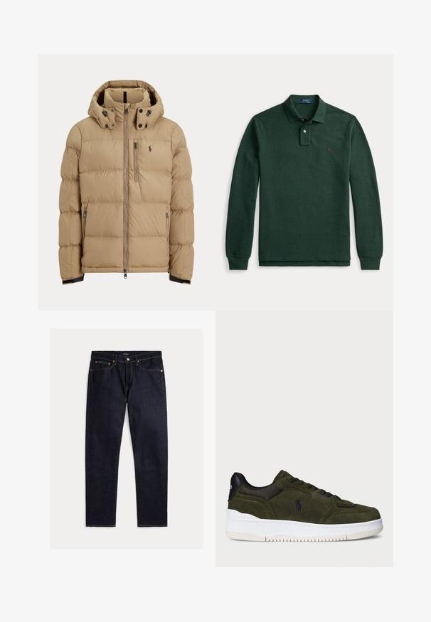 Béžová prešívaná zimná bunda s kapucňou, celým predným zipsom, dvoma bočnými vreckami na zips a logom na ľavej strane hrude.; Tmavozelená Polo Ralph Lauren košeľa s dlhým rukávom, golierom, dvoma gombíkmi a malým fialovým logom na ľavej strane hrudníka.; Tmavomodré rovné rifle s piatimi vreckami, zapínaním na gombík a zips, so z kontrastným oranžovým prešívaním na jednofarebnom pozadí.; Zelené semišové tenisky s čiernou sieťovinou a koženými akcentmi, biela gumová podrážka, zaoblený tvar a vyrazené logo na boku.