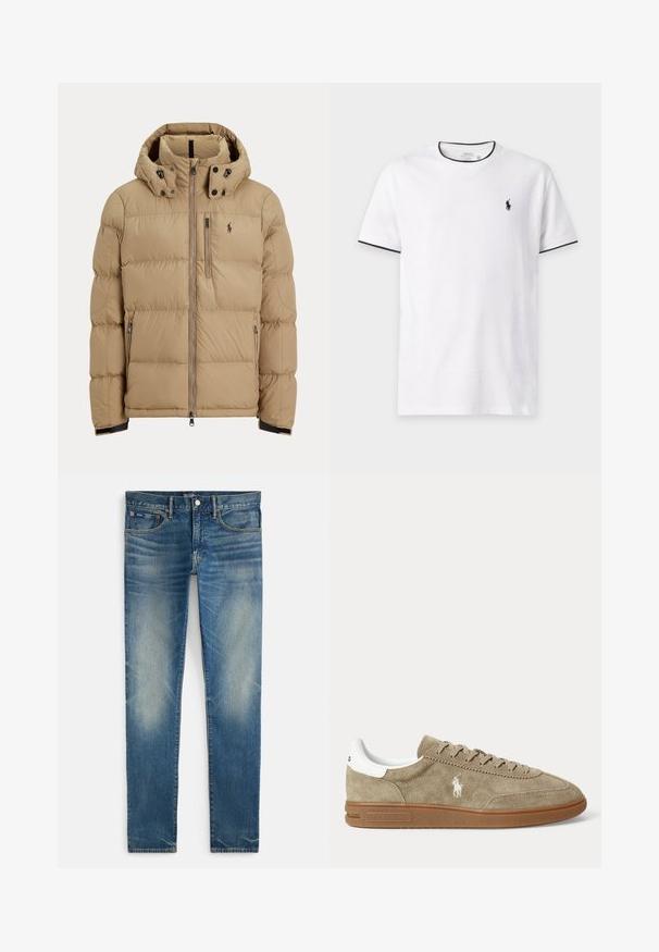 Beige gewatteerde winterjas met capuchon, volledige voorrits, twee zijzakken met rits en logo op de linkerborst.; Witte T-shirt met korte mouwen en zwarte bies op de kraag en mouwen, met een klein zwart Polo Ralph Lauren-logo op de linkerborst.; Blauwe vervaagde slim-fit jeans met knoop- en ritssluiting, voorzakken en klein muntzakje, plat gelegd op een witte achtergrond.; Beige suède lage sneaker met bruine zool, witte hiel-detail, veters en een wit geborduurd polo-speler logo aan de zijkant.