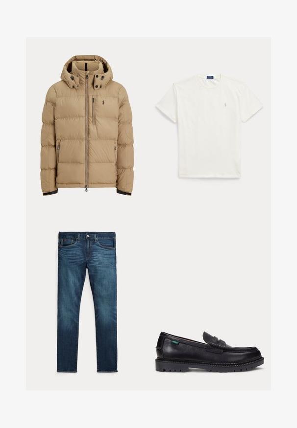 Beige polstret vinterjakke med hætte, fuld lynlås foran, to sidelommer med lynlås og logo på venstre bryst.; Hvid kortærmet t-shirt med rund hals og lille lys beige Polo Ralph Lauren-logo på venstre bryst.; Mørkeblå slim-fit jeans med frontknap og lynlås, fem lommer og subtil falmen på forreste lår og knæ.; Sort læderloafer med tyk, mønstret sål og lille grøn "Polo"-mærke på ydersiden nær hælen.