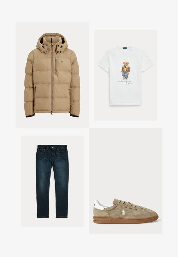 Chaqueta de invierno beige acolchada con capucha, cremallera completa frontal, dos bolsillos laterales con cremallera y logo en el pecho izquierdo.; Camiseta blanca de algodón con una imagen gráfica de un oso de dibujos animados vestido. Detalles destacables incluyen una chaqueta marrón, una sudadera con capucha amarilla y vaqueros azules.; Vaqueros ajustados de color azul oscuro con ligero desgaste y diseño de cinco bolsillos, colocados planos sobre un fondo blanco.; Zapatillas de ante en color marrón con detalles en blanco, punta redonda y diseño con cordones. Presenta un logotipo en relieve y suela de goma para mayor tracción.